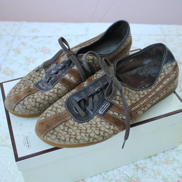 Coach Monogram Print Brown/Black/Neutral Lace Sneakers Size 10 Suede Detail - Picture 1 of 6